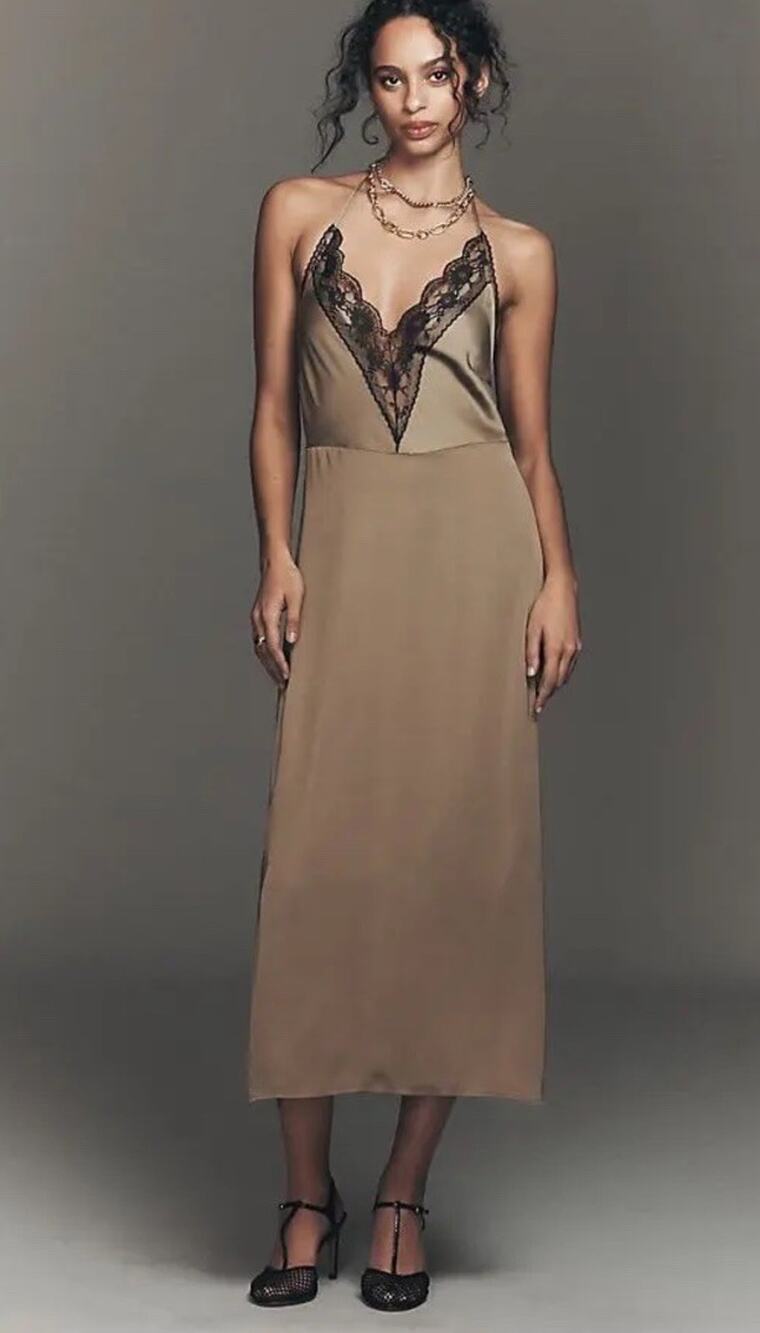 Anthropologie Lace Halter Lingerie Slip Dress Size Medium Top And Black Lace